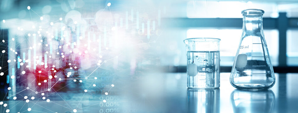 flask and beaker in medical health science line of technology banner background