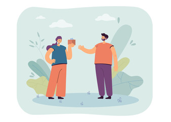 Woman receiving surprise gift box from man. Happy female character holding wrapped gift with ribbon for birthday event, Valentines day flat vector illustration. Love present, offer reward concept