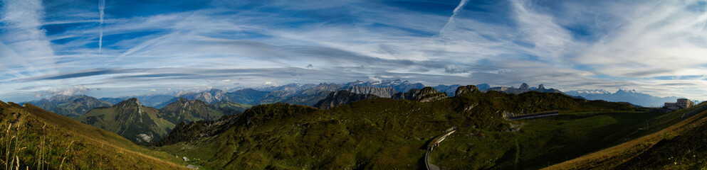 Panorama from the mountain Roche de Naye the swiss alps landscape at sunset 