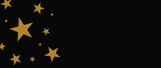 Golden stars on a black background. Panoramic view. 3D rendering