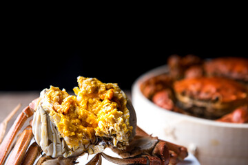 Cooked hairy crabs on the table, Closeup. The hairy crab and rich crab cream.