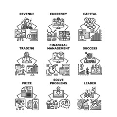 Finance Revenue Set Icons Vector Illustrations. Finance Revenue And Currency Capital, Financial Management And Trading, Leader Solve Problems And Price Negotiate Black Illustration