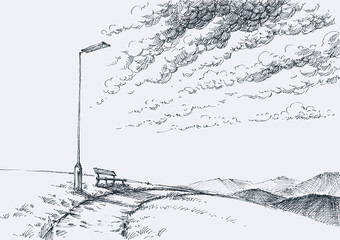 City park alley street lamp and bench hand drawing