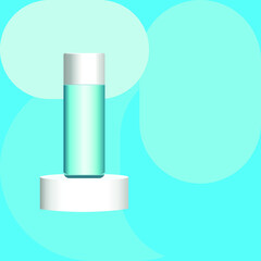 vector poster with product platform and bottle of moss in blue. flat image of pedestal with cosmetic bottle