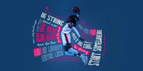 Foto op Plexiglas Sportive african-american woman, female basketball player in motion and action in neon light on blue background with lettering, graphics. Collage, poster © master1305