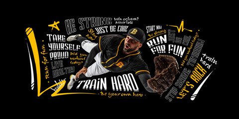 Artwork, poster. Close-up sportive man, professional baseball player in motion and action with baseball glove isolated on dark background with lettering, graphics