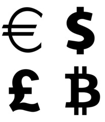 Symboles monétaires : Euro, dollar, livre, bitcoin