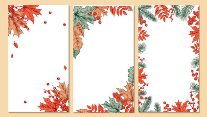 Set of colorful Autumn designs with leaves, fir tree branches and berries. Hand drawn vector illustration. Warm wishes