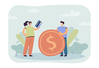 Tiny people holding golden coin and credit card. Financial investment of couple characters flat vector illustration. Family budget and finance concept for banner, website design or landing web page