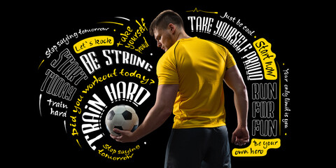 Poster. Back view of sportive young man, professional football player standing with ball isolated...