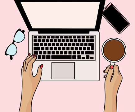 Close-up Illustration of a Businesswoman Working Online at Home Office, with Laptop, Coffee, Phone and Glasses on Pink Background.
