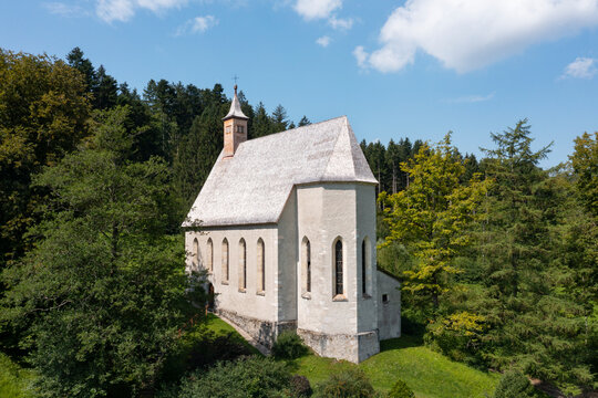 Austria, Upper Austria, Oberwang, Drone view of Saint Conrad Church in summer