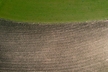 Drone view of edge of brown countryside field