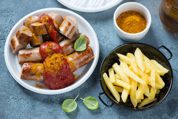 German traditional currywurst with potato fries over blue stone background, horizontal shot, elevated view