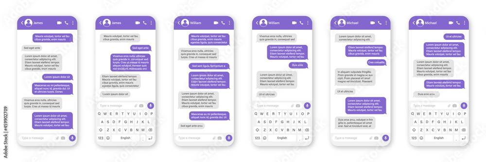 Wall mural messaging app design, user interface. sms text frame. conversation chat screen with violet message b