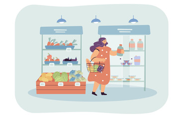 Naklejka premium Female cartoon customer choosing goods in supermarket. Fruit and vegetables on shelves, woman putting product in basket flat vector illustration. Grocery shopping, nutrition, food concept for banner