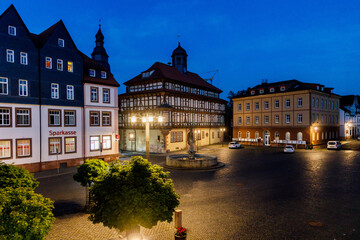 Fototapeta premium Vacha, Thuringia, Germany 06-19-2021 Marketplace with Townhall and Vitus fountain