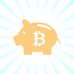 A piggy bank illustration, Bitcoin crypto currency items, money saving related concept art, Retro style sun rays and piggy bank