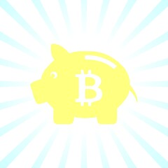 A piggy bank illustration, Bitcoin crypto currency items, money saving related concept art, Retro style sun rays and piggy bank