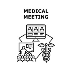Medical Meeting Vector Icon Concept. Medical Meeting And Conference, Online Patient Consultation And Education Lecture Students In Medicine University. Doctors Videoconference Black Illustration