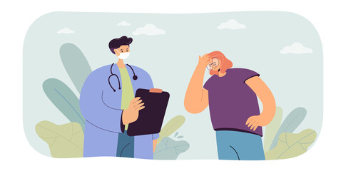 Female sick patient with headache symptom visiting doctor. Medical checkup in clinic, male character with stethoscope checking health of woman flat vector illustration. Migraine, viral disease concept
