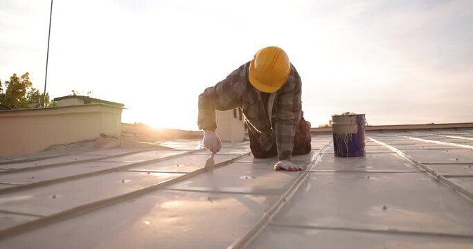 builder roofer painter worker, painting the roof, Sealing Roof, Home Maintenance Improvement , 4k