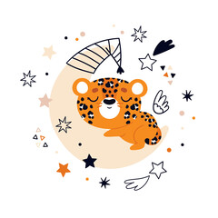 Leopard sleeps on the moon in doodle style. The concept of children's dreams. Poster for the children's room