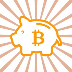 A piggy bank illustration, Bitcoin crypto currency items, money saving related concept art, Retro style sun rays and piggy bank