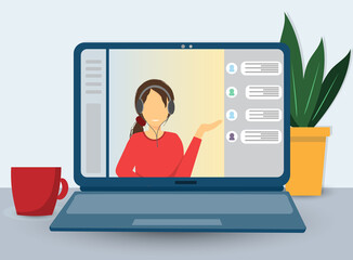 Young woman in the screen of the notebook chatting with friends, cocliques, online training courses online communication, stay home concept, flat vector illustration
