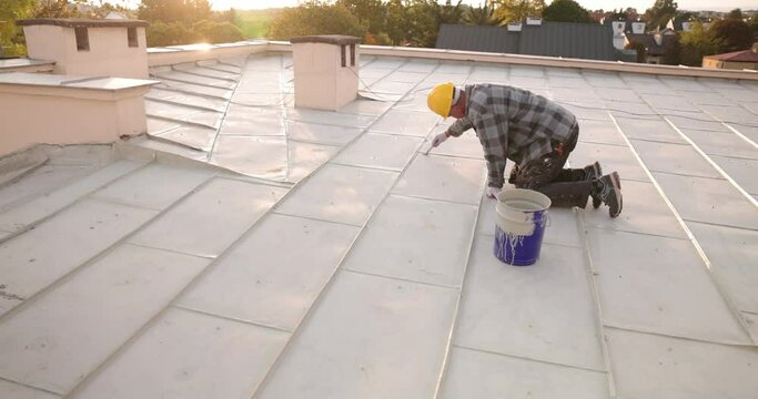 builder roofer painter worker, painting the roof, Sealing Roof, Home Maintenance Improvement , 4k