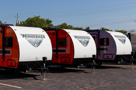 Winnebago Recreational Vehicles At A Dealership. Winnebago Is A Manufacturer Of RV And Motorhome Vacation Vehicles.