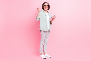 Full size profile photo of astonished positive person open mouth look camera isolated on pink color background