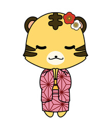 麻の葉文様の着物を着たお祈りをしているトラの女の子のキャラクターのイラスト