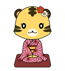 和服を着た正座をしている男の子のトラのキャラクターイラスト Wall Mural アオフジマキ