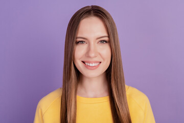 Fototapeta premium Portrait of positive lovely adorable lady look camera toothy beaming smile on purple background