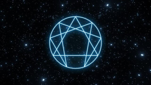 Enneagram symbol in blue color on a background of the universe with moving stars. Looping video