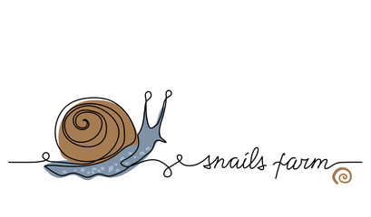 Snail, escargot one line art drawing. Simple vector line illustration with lettering snails farm