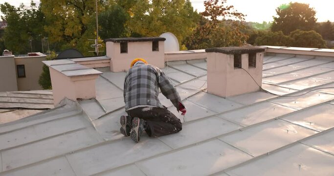 builder roofer painter worker, painting the roof, Sealing Roof, Home Maintenance Improvement , 4k