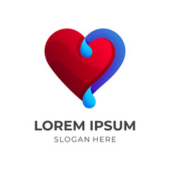 water and love logo design with 3d blue and red color style