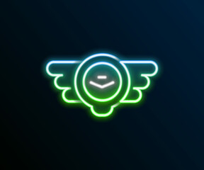 Obraz premium Glowing neon line Aviation emblem icon isolated on black background. Military and civil aviation icons. Flying emblem, eagle bird wing and winged frame. Colorful outline concept. Vector