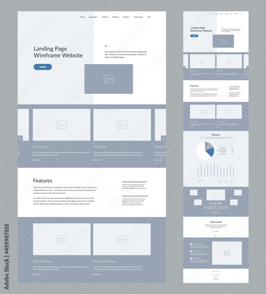 Poster website design template. modern wireframe landing page for development. flat one page site. ui ux el