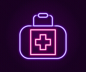 Glowing neon line First aid kit icon isolated on black background. Medical box with cross. Medical equipment for emergency. Healthcare concept. Colorful outline concept. Vector