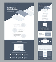 Website design template. Modern wireframe landing page for development. Flat one page site. UI UX elements.  - obrazy, fototapety, plakaty