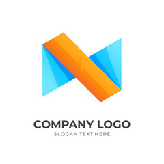 modern letter N logo concept with 3d blue and orange color style