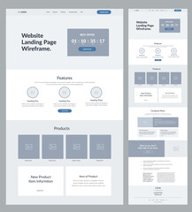 Website design template. Modern wireframe landing page for development. Flat one page site. UI UX elements. 
