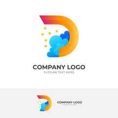 abstract letter D logo with cloud and star icon combination, 3d colorful style