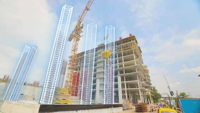 Construction site concept. Augmented reality at the construction site. Visualization of a future building on a construction site