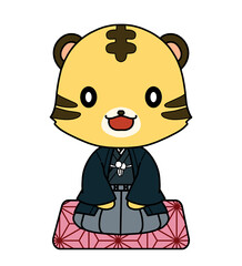 麻の葉文様の座布団に正座で座っているトラのキャラクターのイラスト