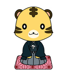 麻の葉文様の座布団に正座で座っているトラのキャラクターのイラスト