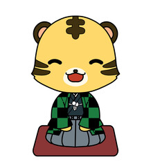 市松模様の羽織を着た正座をしているトラのキャラクターのイラスト